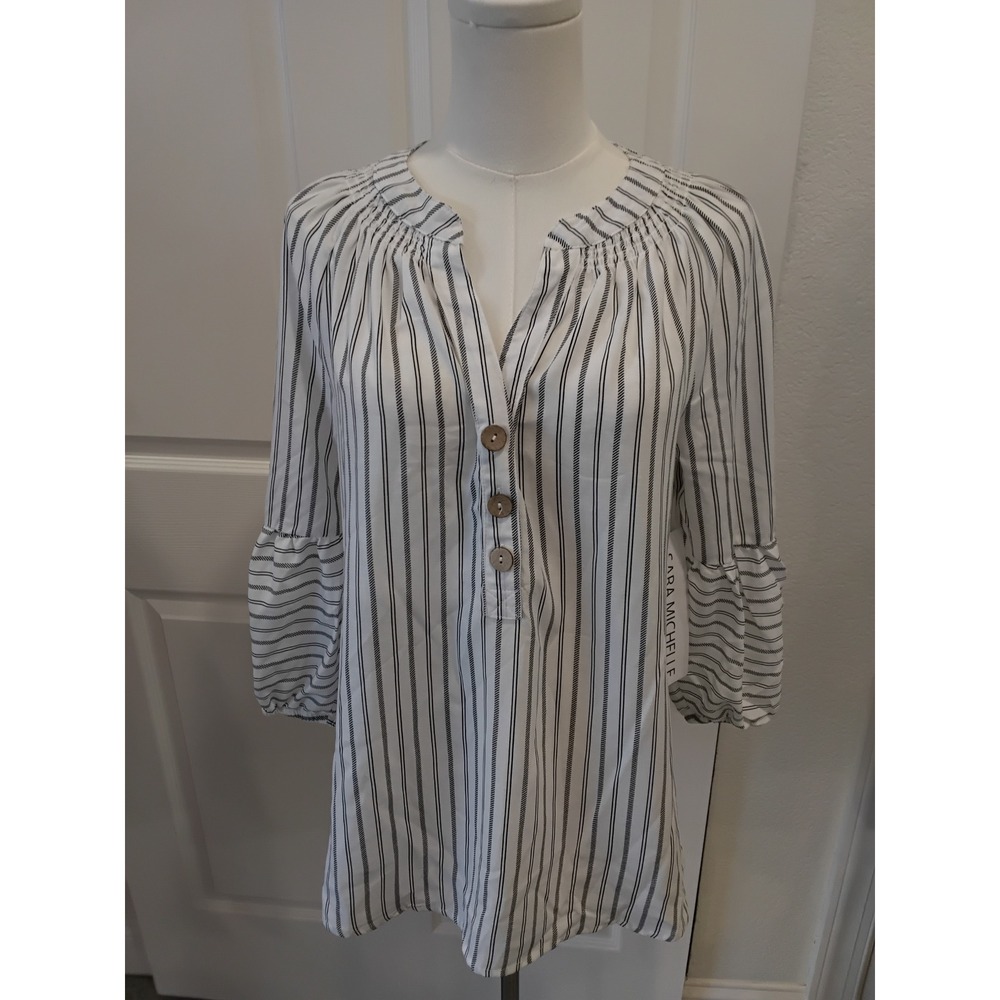 Sara Michelle Striped Tunic Top Black White Wood Button Ruffle Sleeve Medium NWT